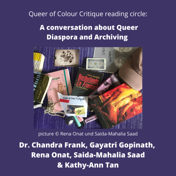 Colourful photo of books discussed in the reading circle, of pens, pictures and other materials. Event information surrounding it.